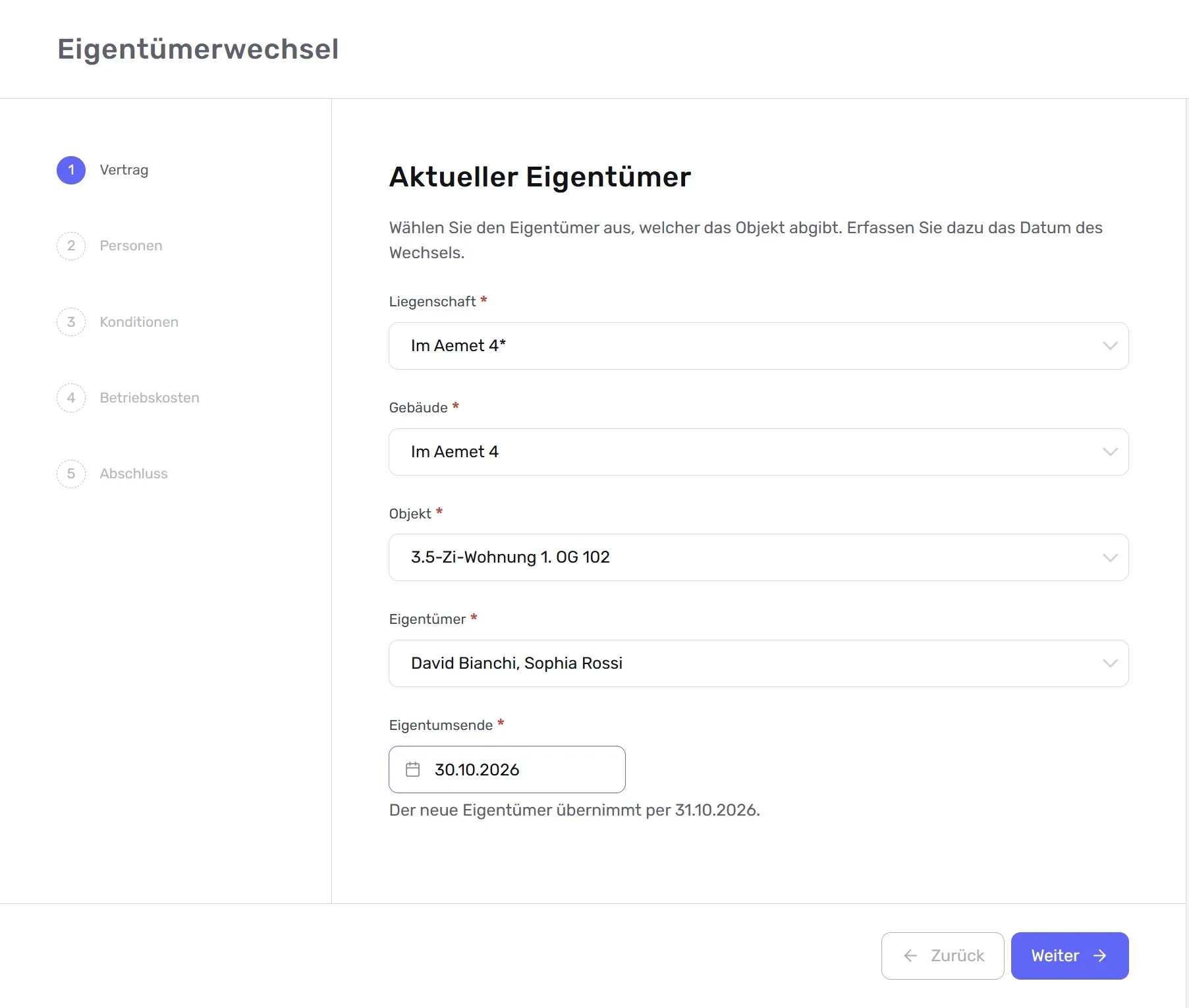 Eigentümerwechsel» im ersten Schritt «Vertrag» zum Erfassen des aktuellen Eigentümers mit Auswalfeldern für Liegenschaft, Gebäude, Objekt, Eigentümer und Eigentumsende