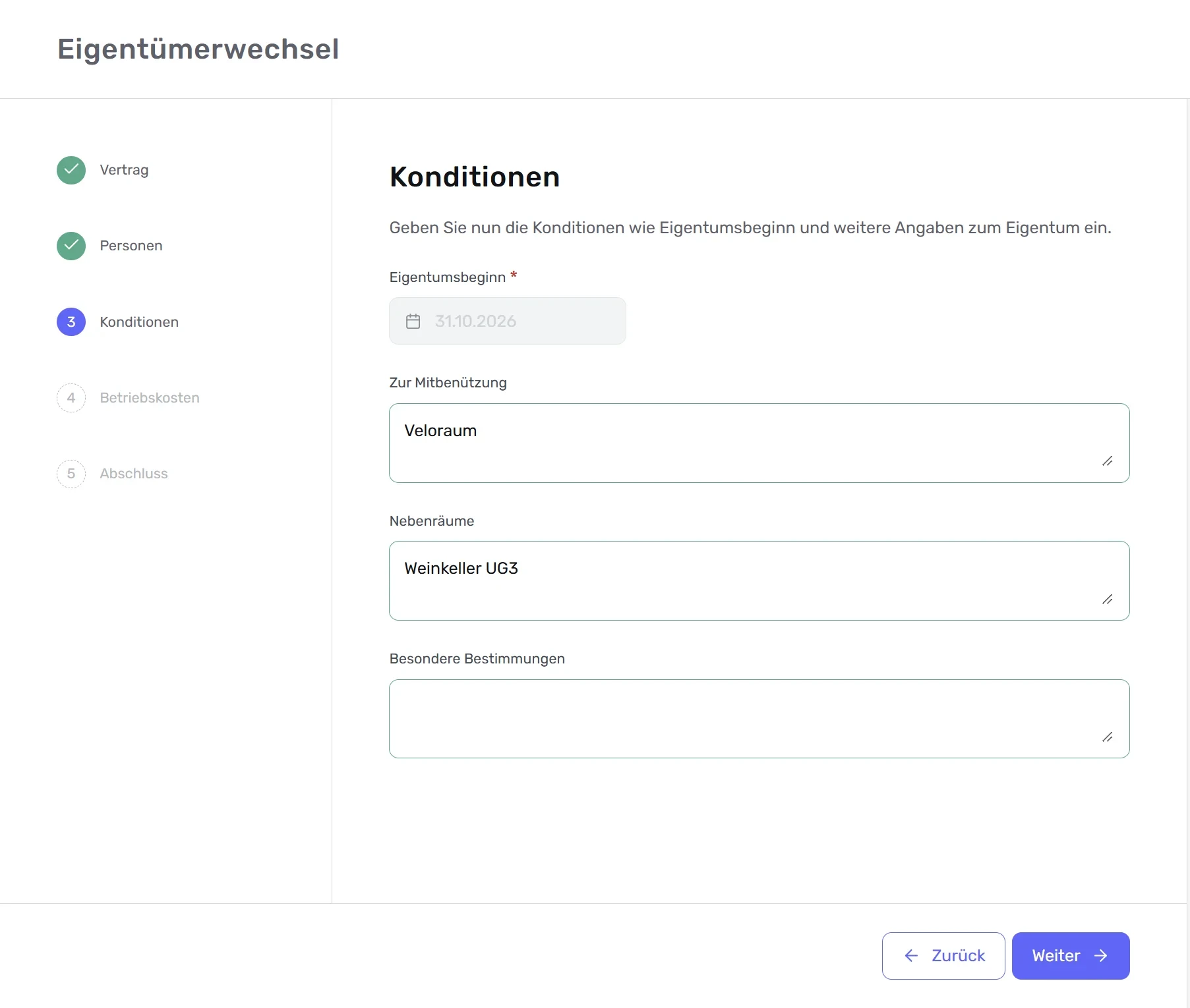 Eigentümerwechsel-Formular, Schritt «Konditionen»: Eingabe von Eigentumsbeginn sowie Angaben zu Mitbenützung, Nebenräumen und besonderen Bestimmungen.