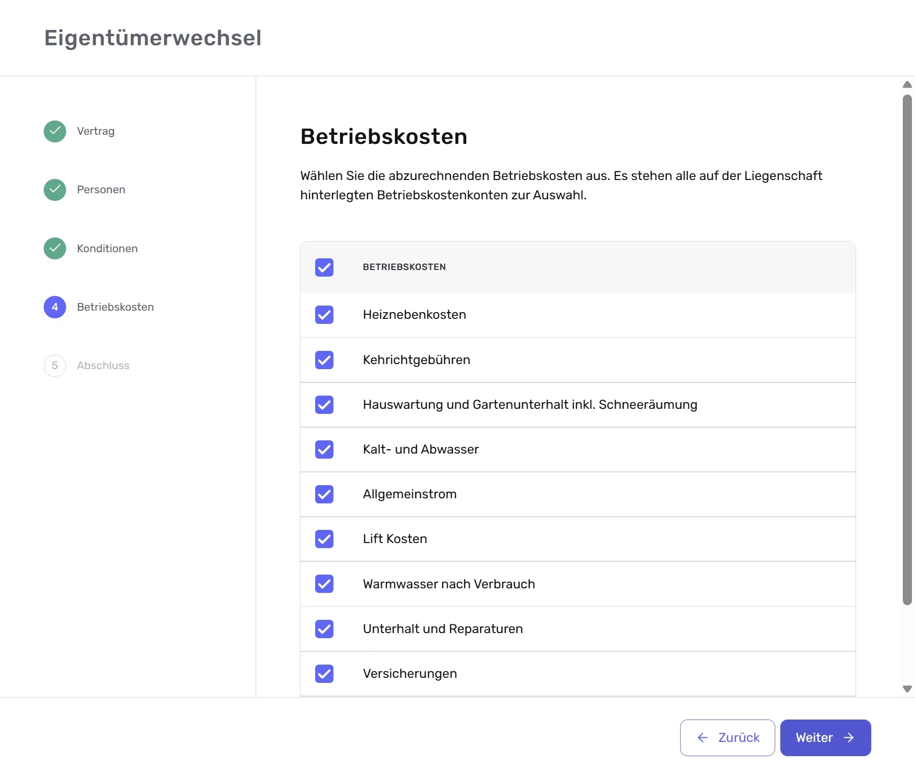 Eigentümerwechsel-Formular, Schritt «Betriebskosten»: Auswahl der abzurechnenden Betriebskostenkonten für die Liegenschaft.