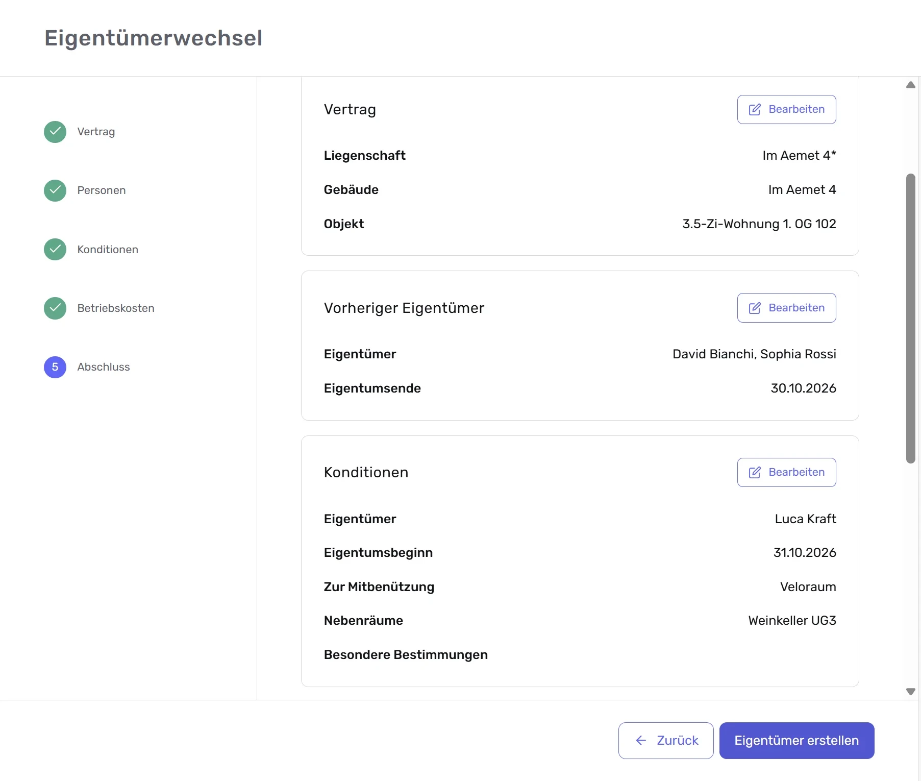 Eigentümerwechsel-Formular, Schritt «Abschluss»: Übersicht der erfassten Angaben zu Vertrag, bisherigem Eigentümer und neuen Konditionen mit der Schaltfläche «Eigentümer erstellen».