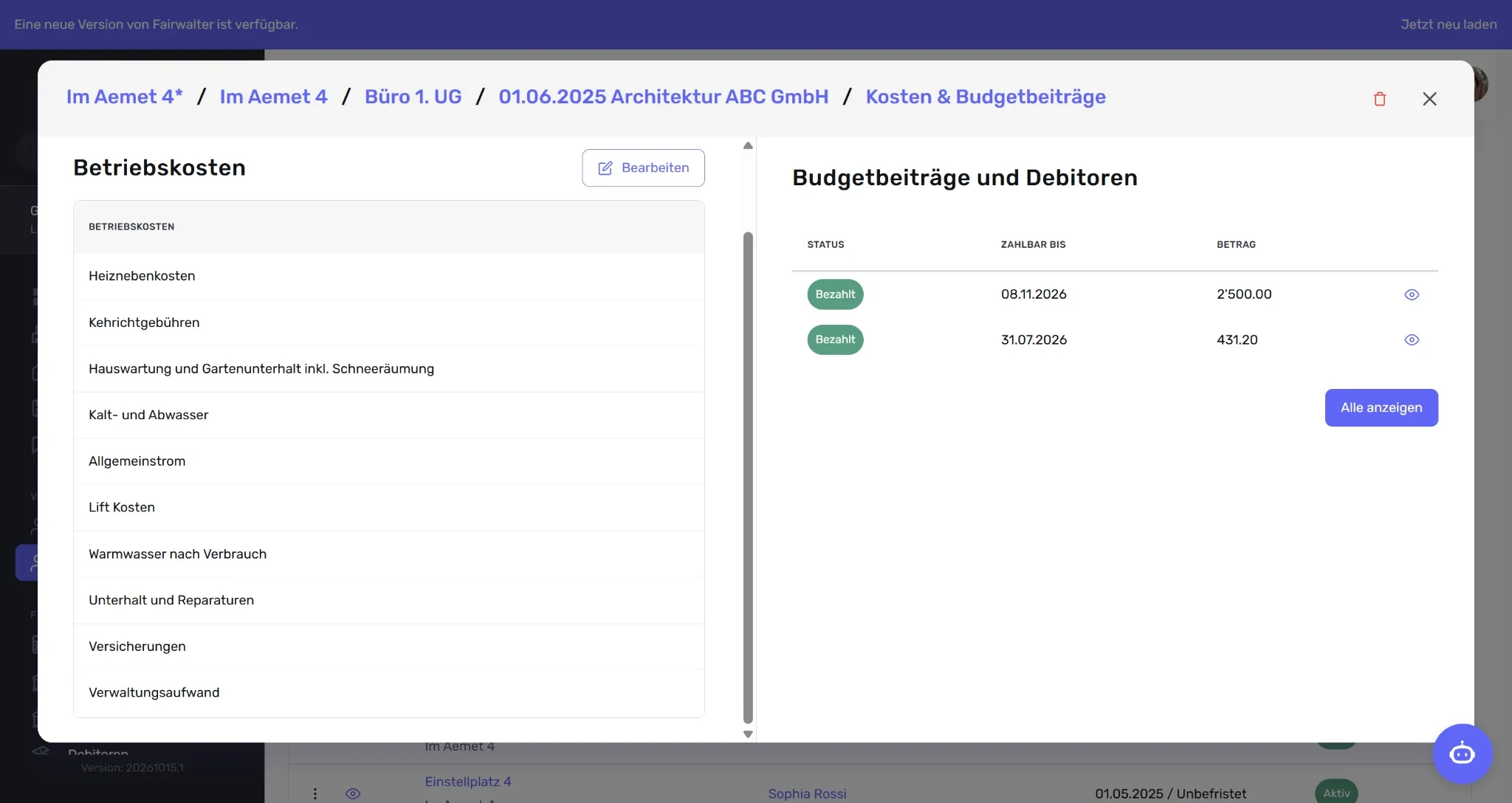 Pop-up-Fenster «Kosten & Budgetbeiträge» eines Eigentümers mit Übersicht der zugeordneten Betriebskosten links und des Zahlungsstatus der Budgetbeiträge rechts.