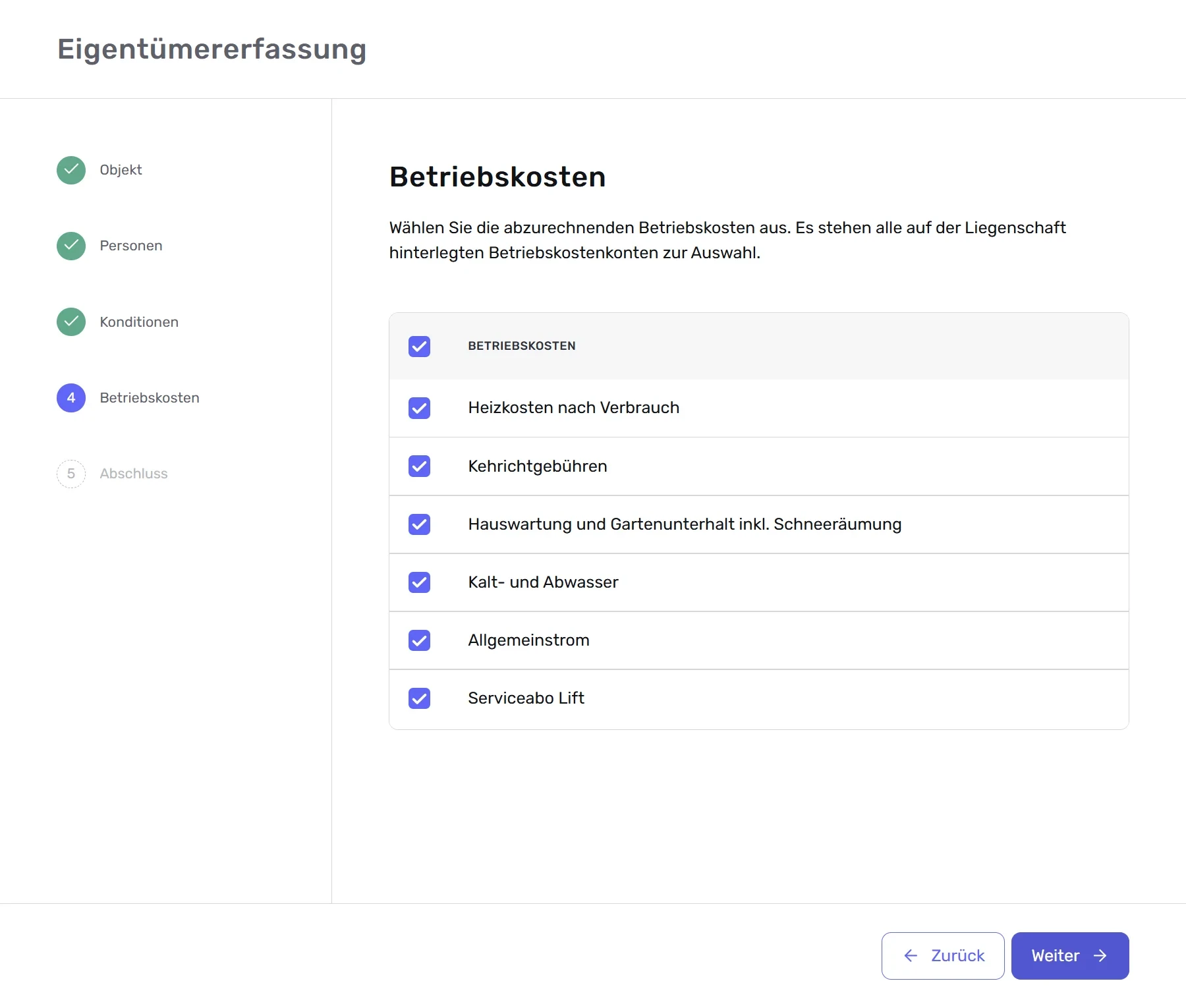 Eigentümererfassung, Schritt «Betriebskosten»: Auswahl der abzurechnenden Betriebskostenkonten.