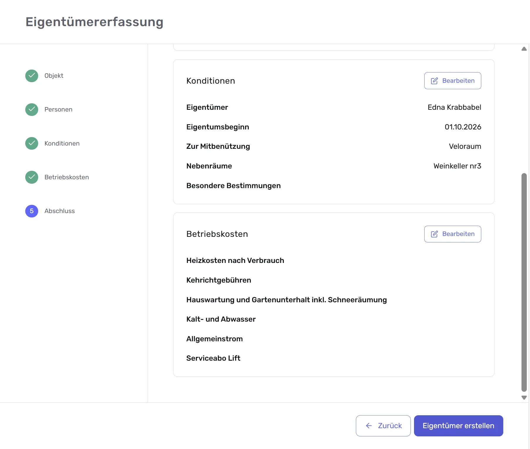 Eigentümererfassung, Schritt «Abschluss»: Zusammenfassung der Angaben mit Schaltfläche «Eigentümer erstellen».