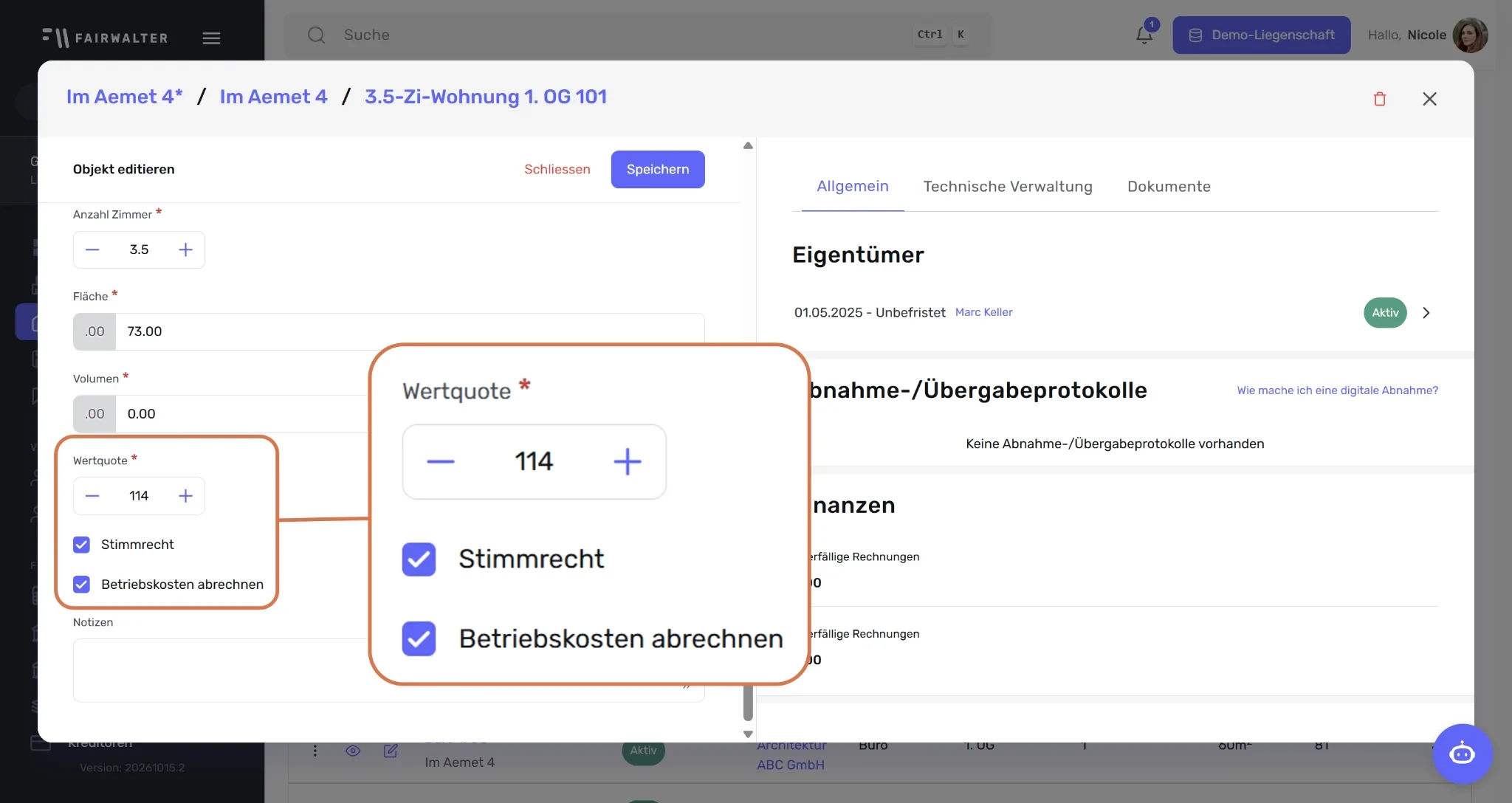 Objektdetailansicht in Fairwalter mit hervorgehobenem Bereich zur Bearbeitung von Wertquote, Stimmrecht und Betriebskostenabrechnung.