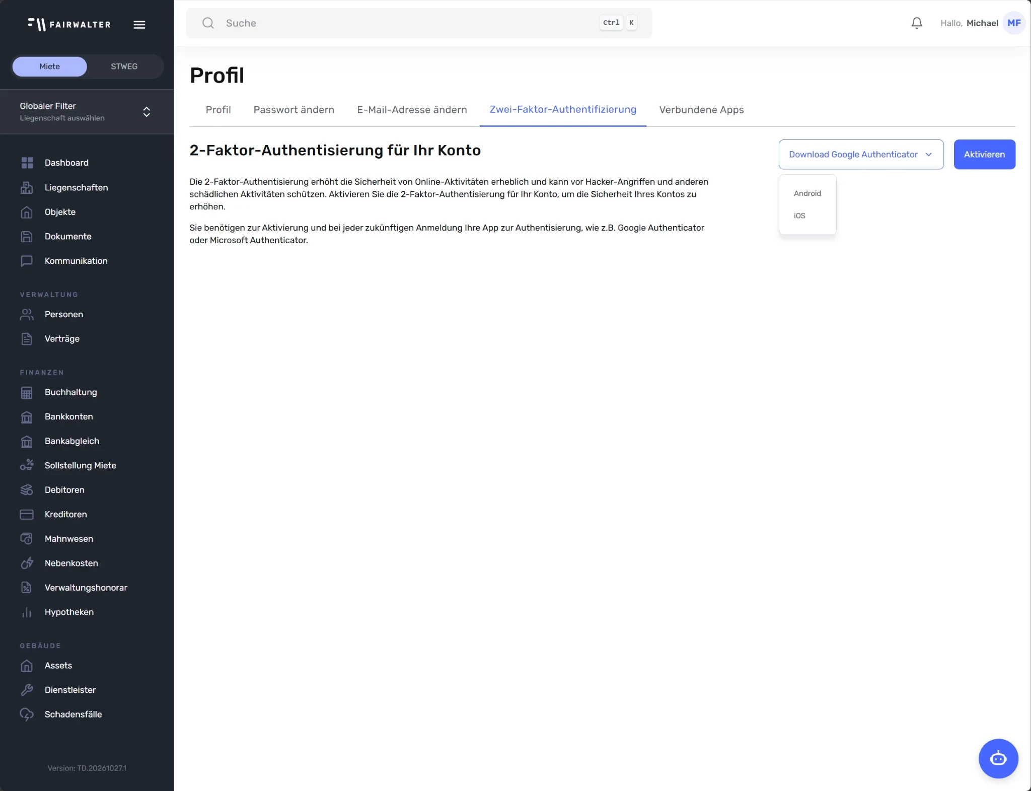 Reiter Zwei-Faktor-Authentifizierung mit den Schaltflächen Download Google Authenticator und Aktivieren.