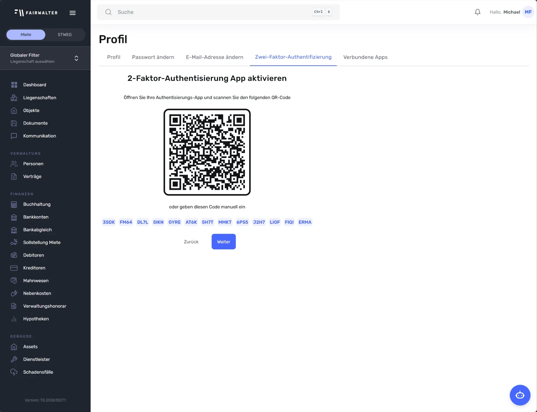 Schritt mit dem QR-Code und dem Code zur manuellen Eingabe.
