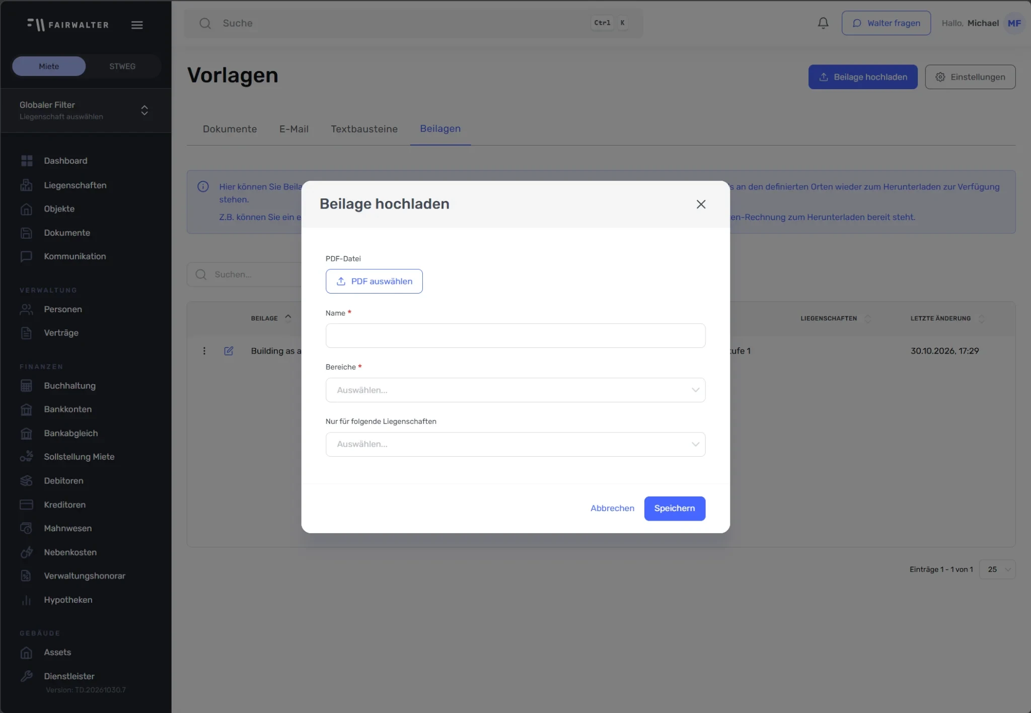 Reiter Beilagen im Vorlagenmanager mit der Schaltfläche Beilage hochladen und dem geöffneten Fenster zum Hochladen.