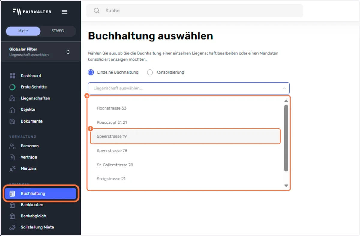 Menüpunkt «Buchhaltung» markiert, auf der Seite «Buchhaltung auswählen» eine Liegenschaft aus der Liste gewählt