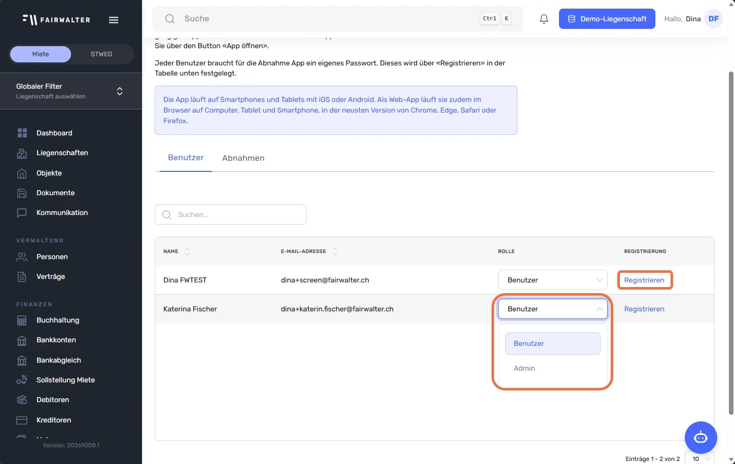 Abnahme App Integration, Reiter «Benutzer» mit Rollenauswahl «Benutzer»/«Admin» und Link «Registrieren» markiert