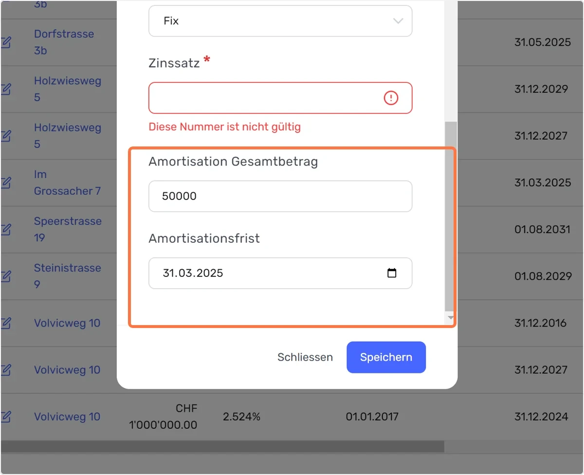 Amortisation Gesamtbetrag und Amortisationsfrist eintragen