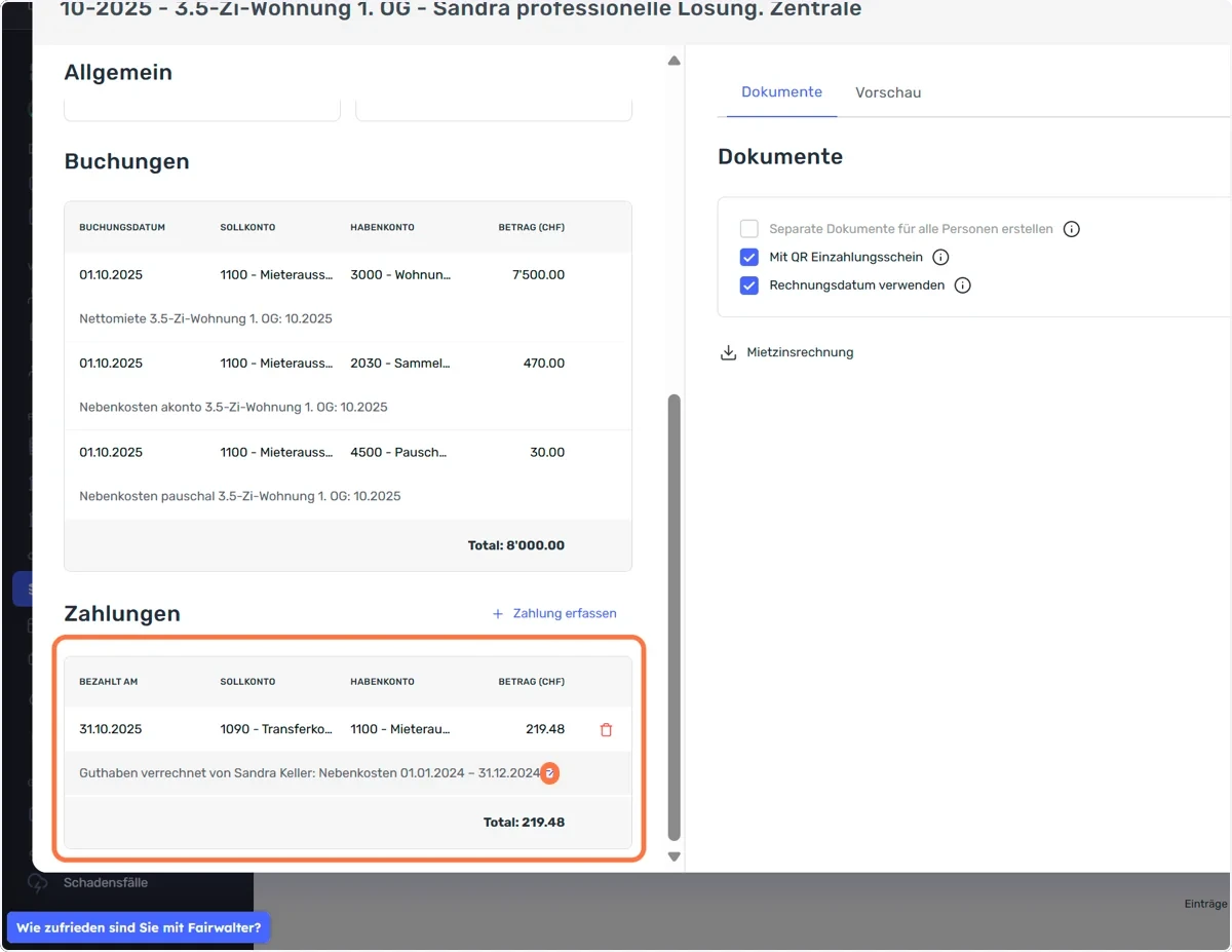 Ansicht in den Debitoren