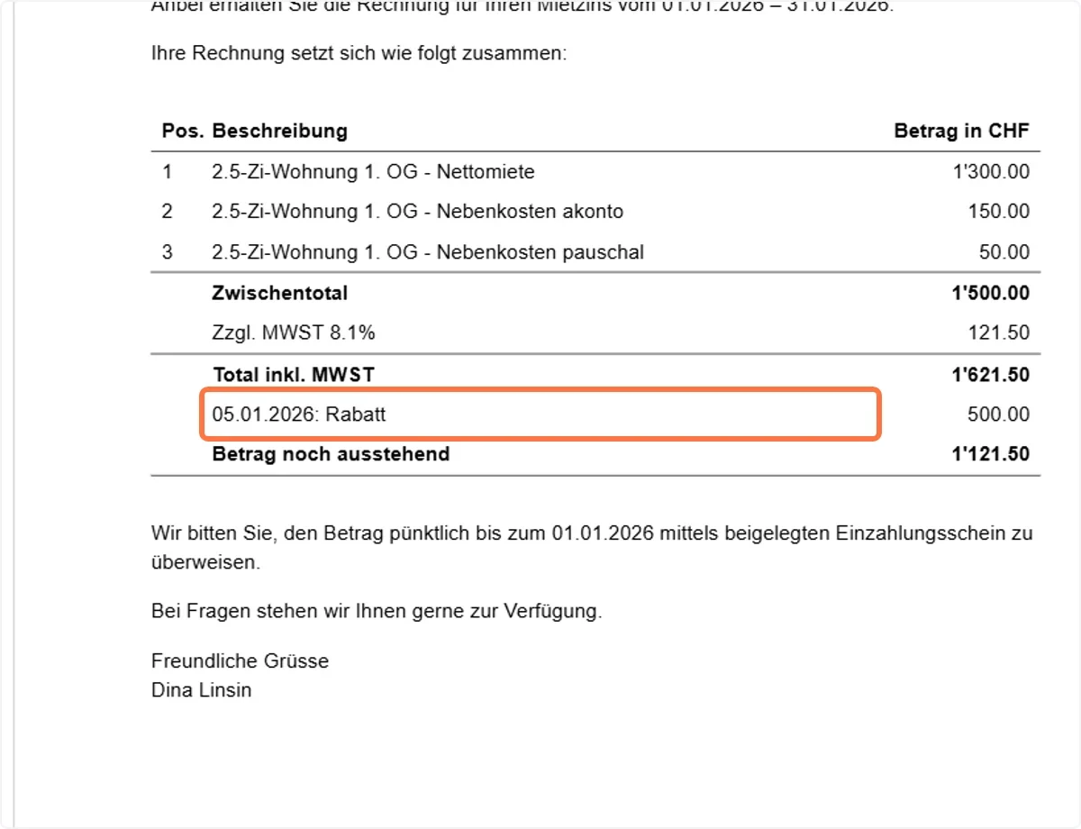 Ansicht in der Rechnung