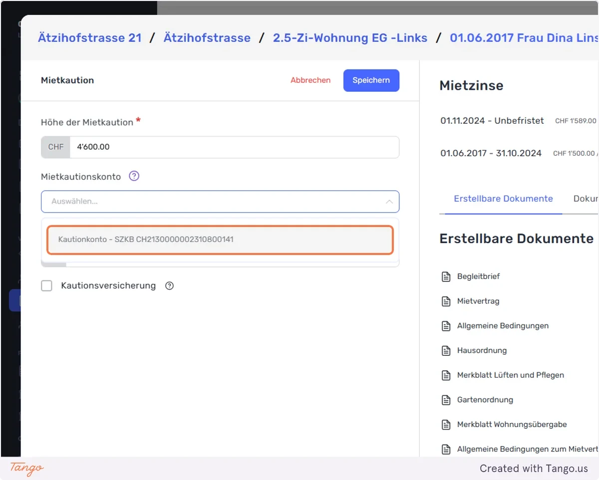 Aus dem Dropdown das passende Kautionskonto auswählen