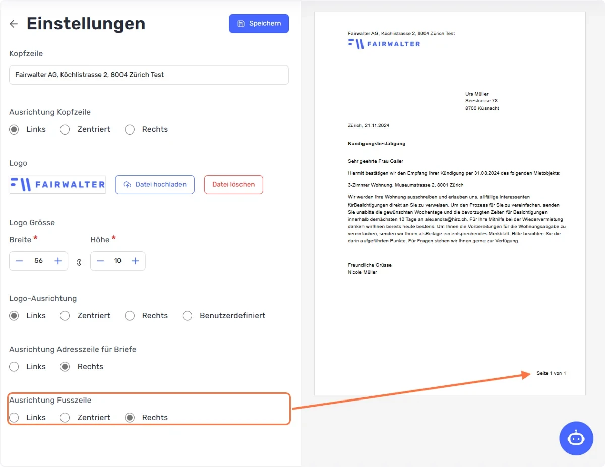 Ausrichtung der Fusszeile