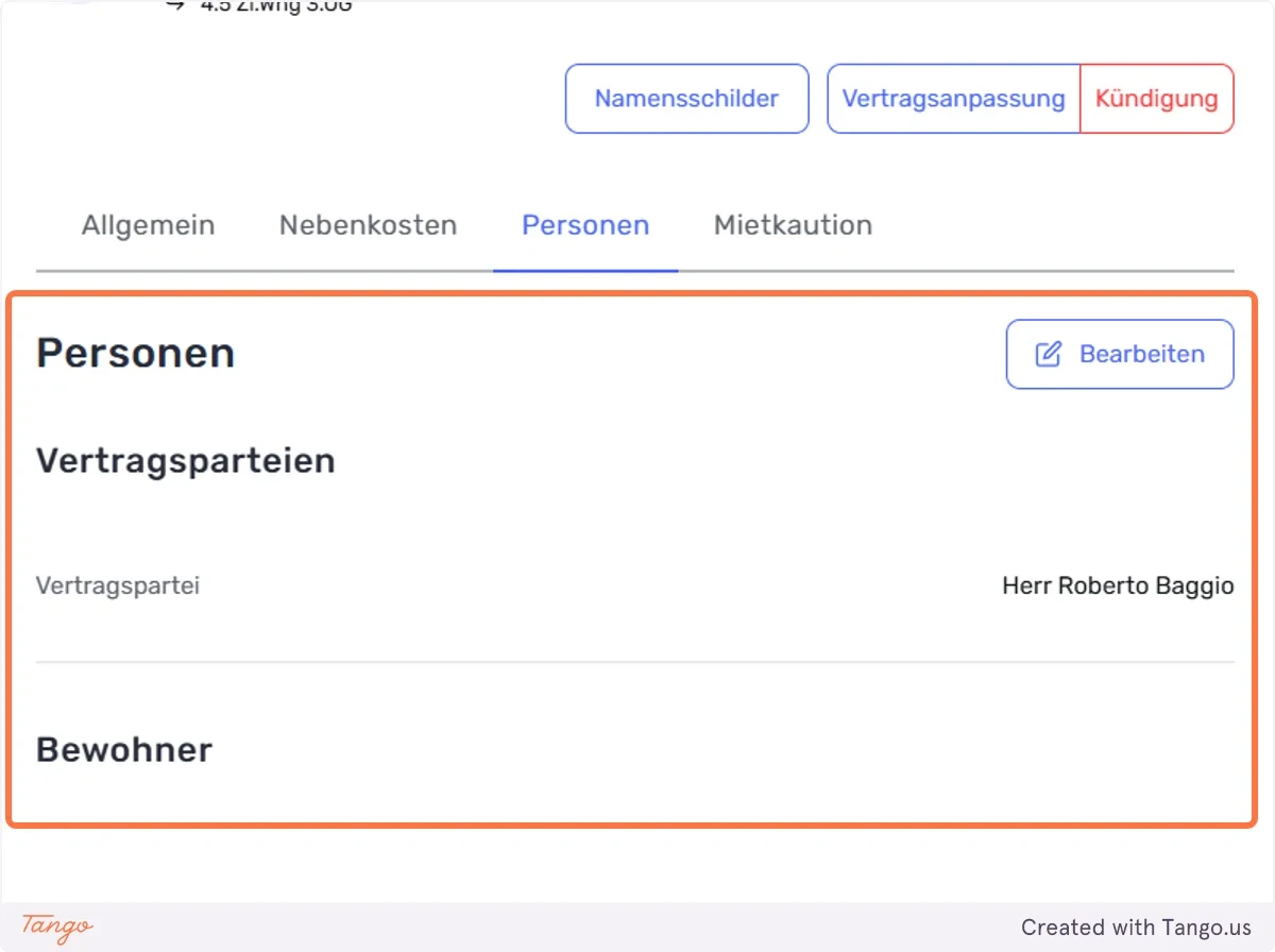 Bearbeiten der Vertragsparteien oder Bewohner