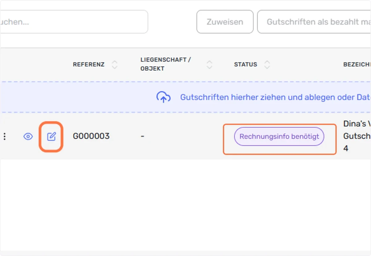 Bearbeitung der Gutschrift