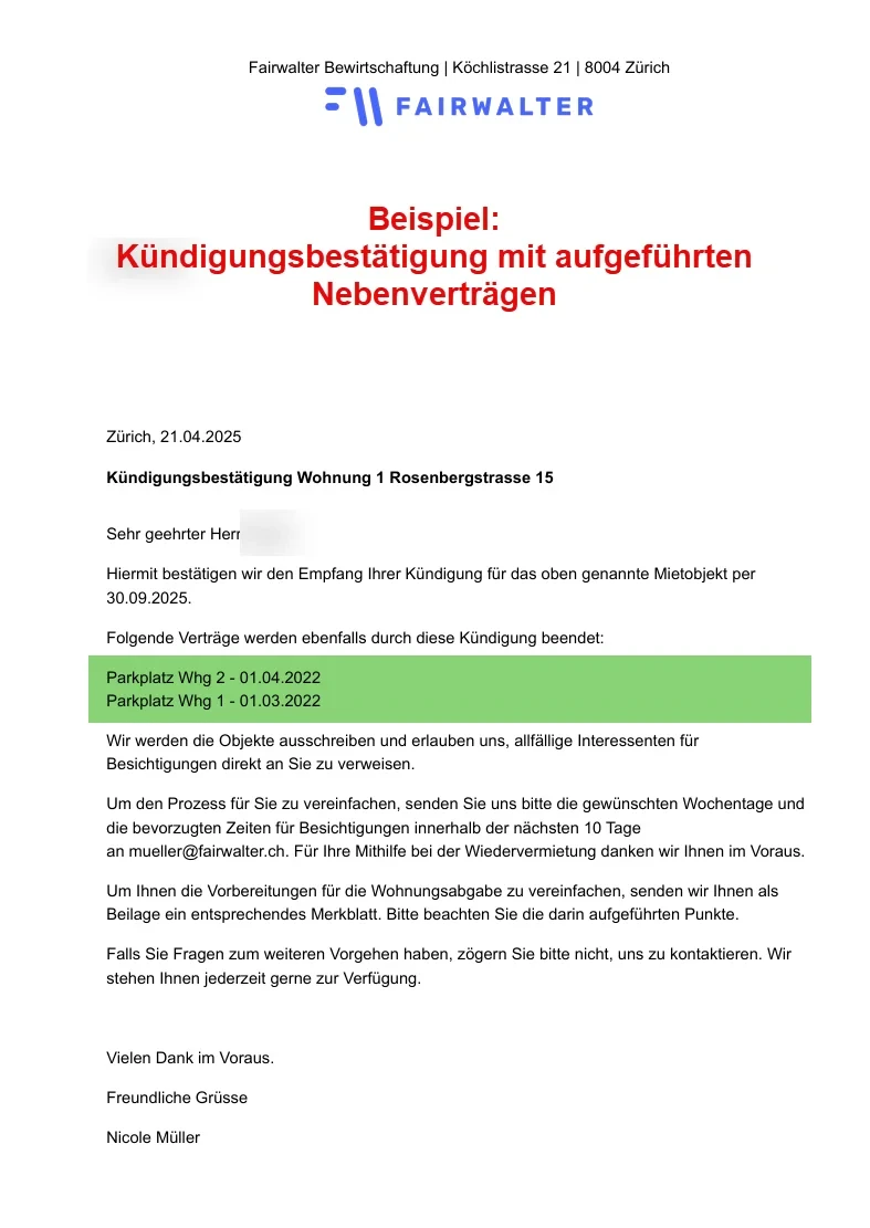 Beispiel einer Kündigungsbestätigung mit grün markierten, ebenfalls beendeten Nebenverträgen