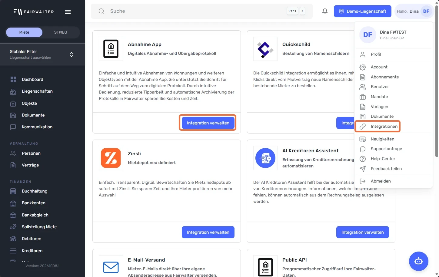 Benutzermenü mit markiertem Eintrag «Integrationen» und «Integration verwalten» bei der Abnahme App