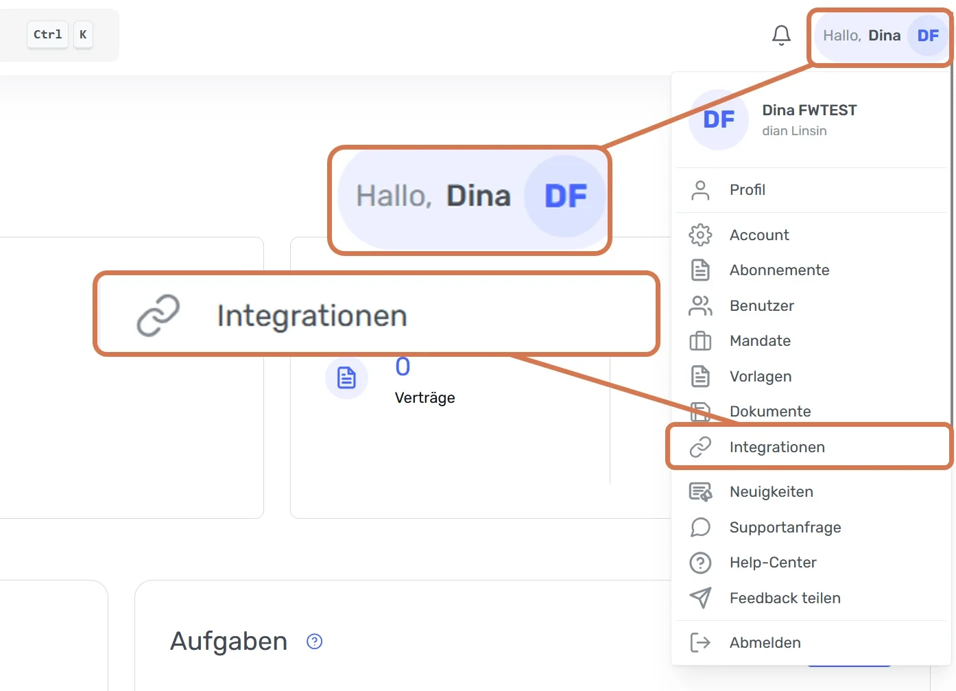 Benutzermenü oben rechts geöffnet, Menüpunkt «Integrationen» hervorgehoben
