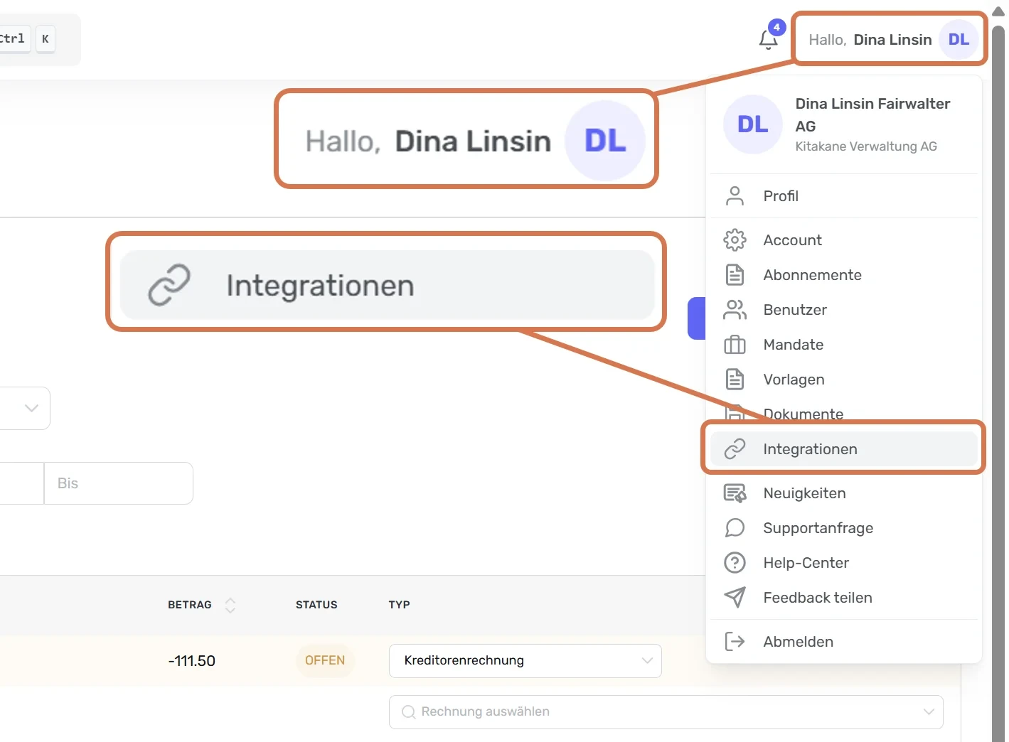Benutzermenü oben rechts mit markiertem Eintrag «Integrationen»