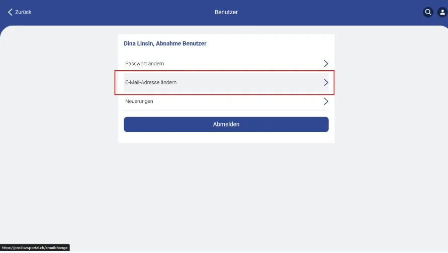Benutzerseite im WW-Portal der Abnahme-App mit markiertem Eintrag «E-Mail-Adresse ändern»