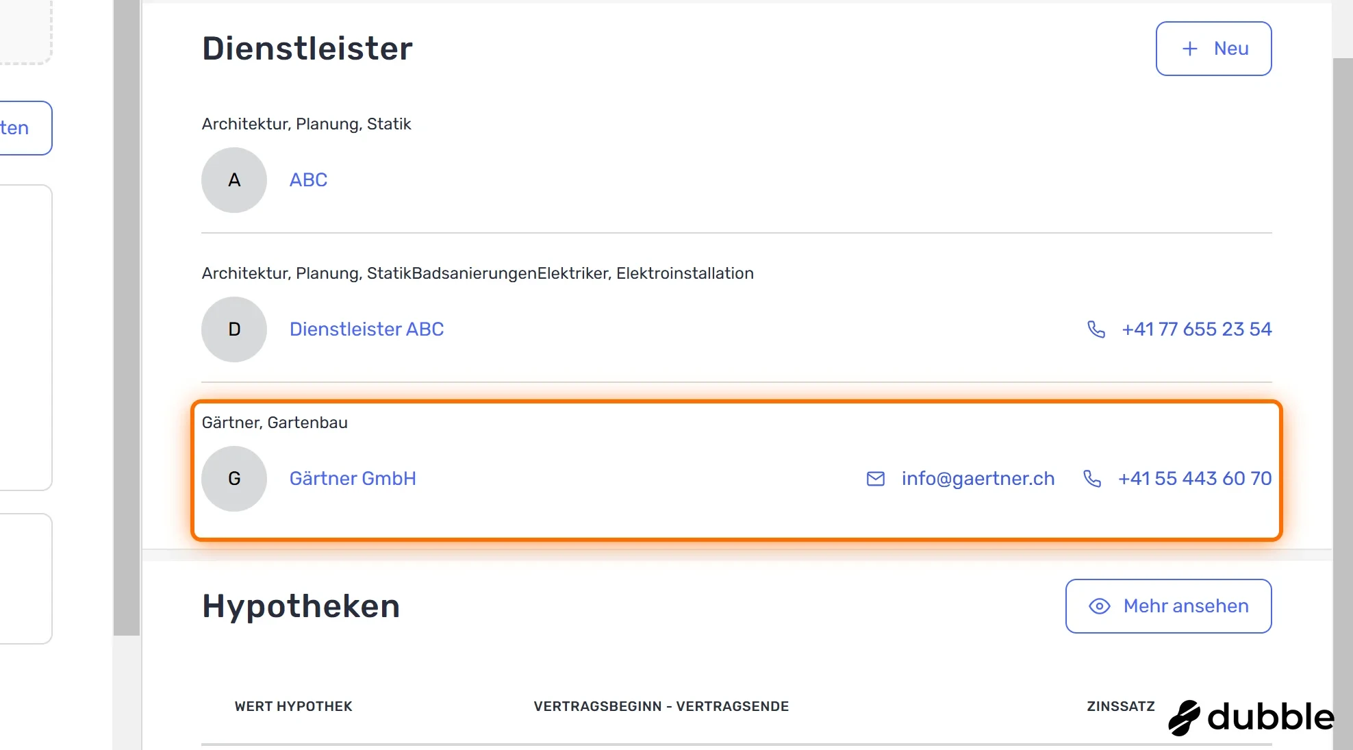 Bereich «Dienstleister» einer Liegenschaft mit markiertem Dienstleister samt Branche und Kontaktdaten