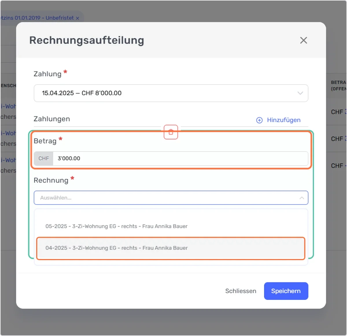 Betrag eingeben und Rechnung auswählen