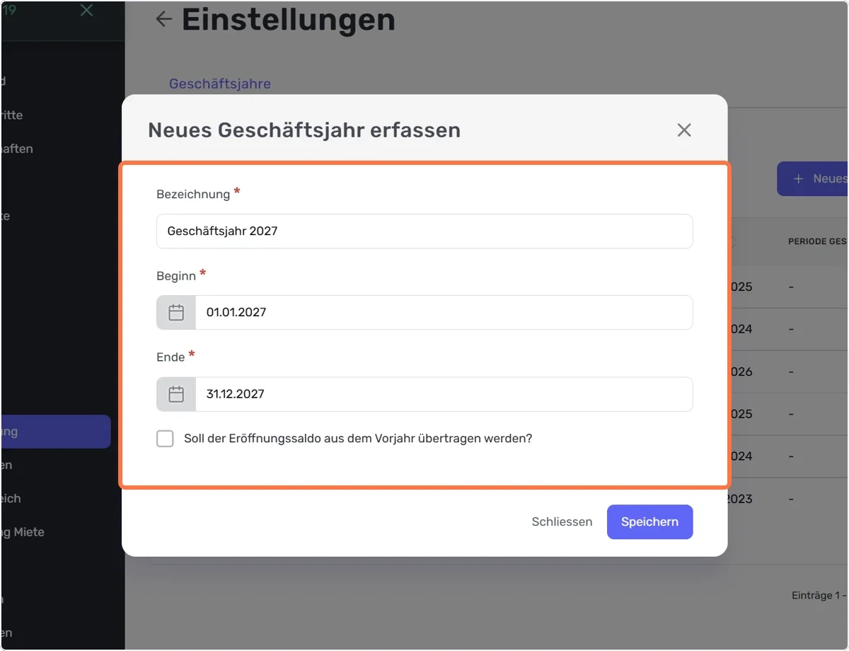 Bezeichnung, Beginn und Ende festlegen & Eröffnungssaldo übernehmen
