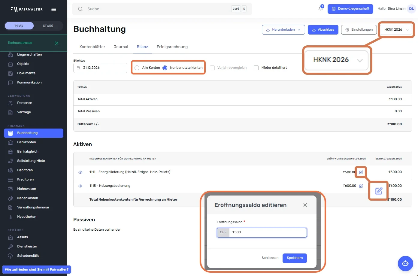 Bilanz in der Buchhaltung mit Geschäftsjahr «HKNK 2026», Bearbeiten-Symbol und Dialog «Eröffnungssaldo editieren»