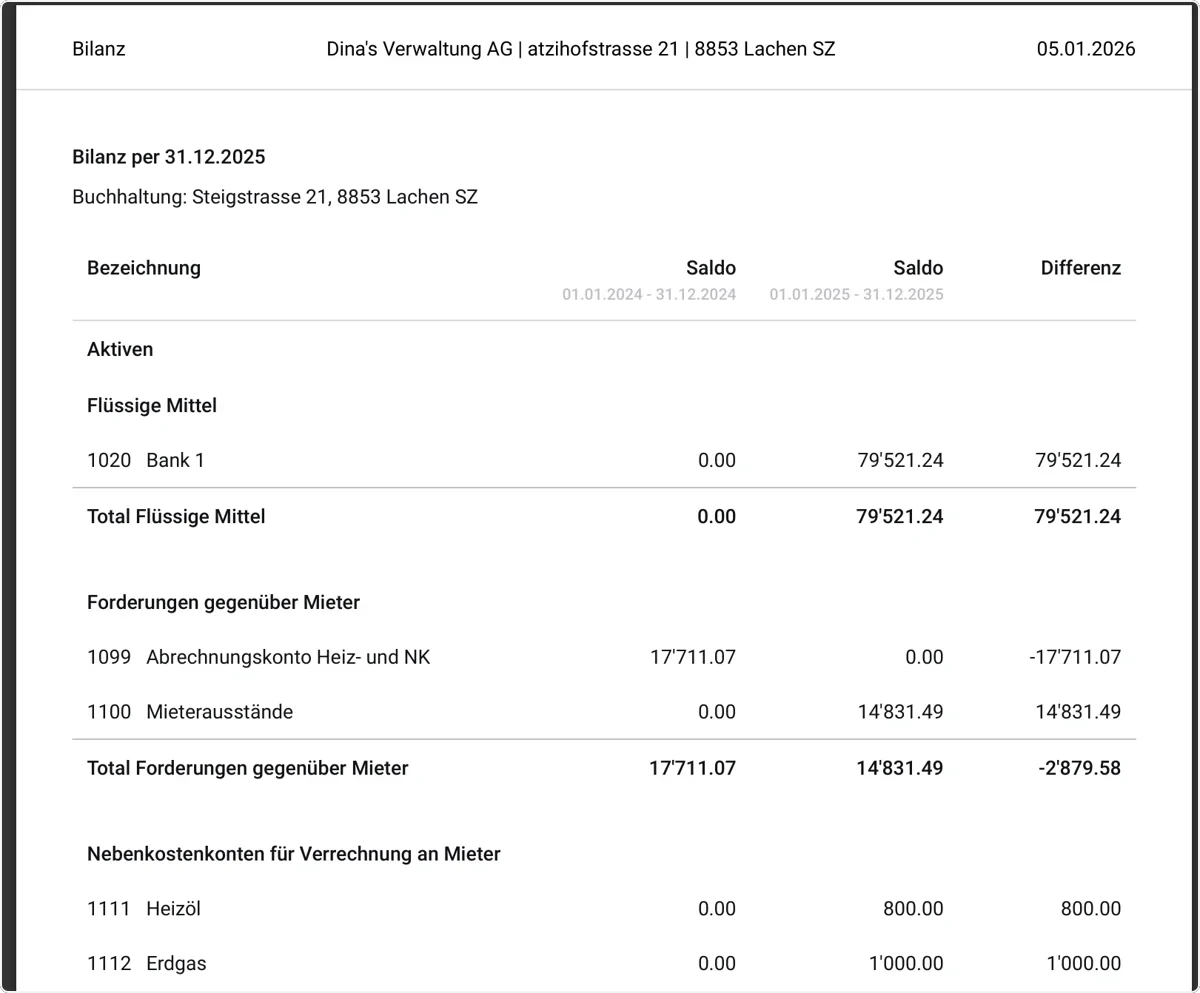 Bilanz mit Saldo des Vorjahres und des aktuellen Jahres sowie Spalte «Differenz»