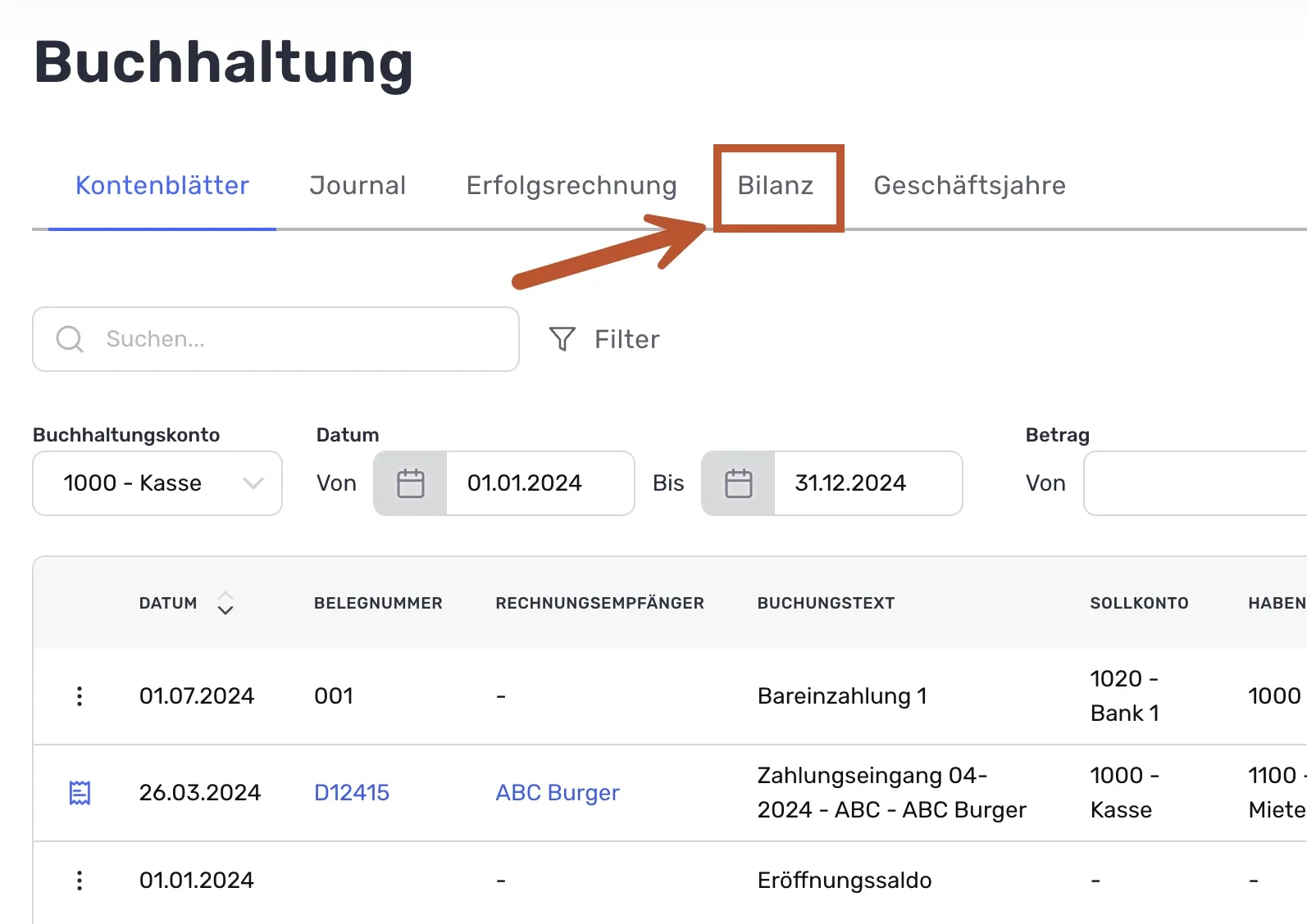 Buchhaltung mit Pfeil auf den markierten Reiter «Bilanz»