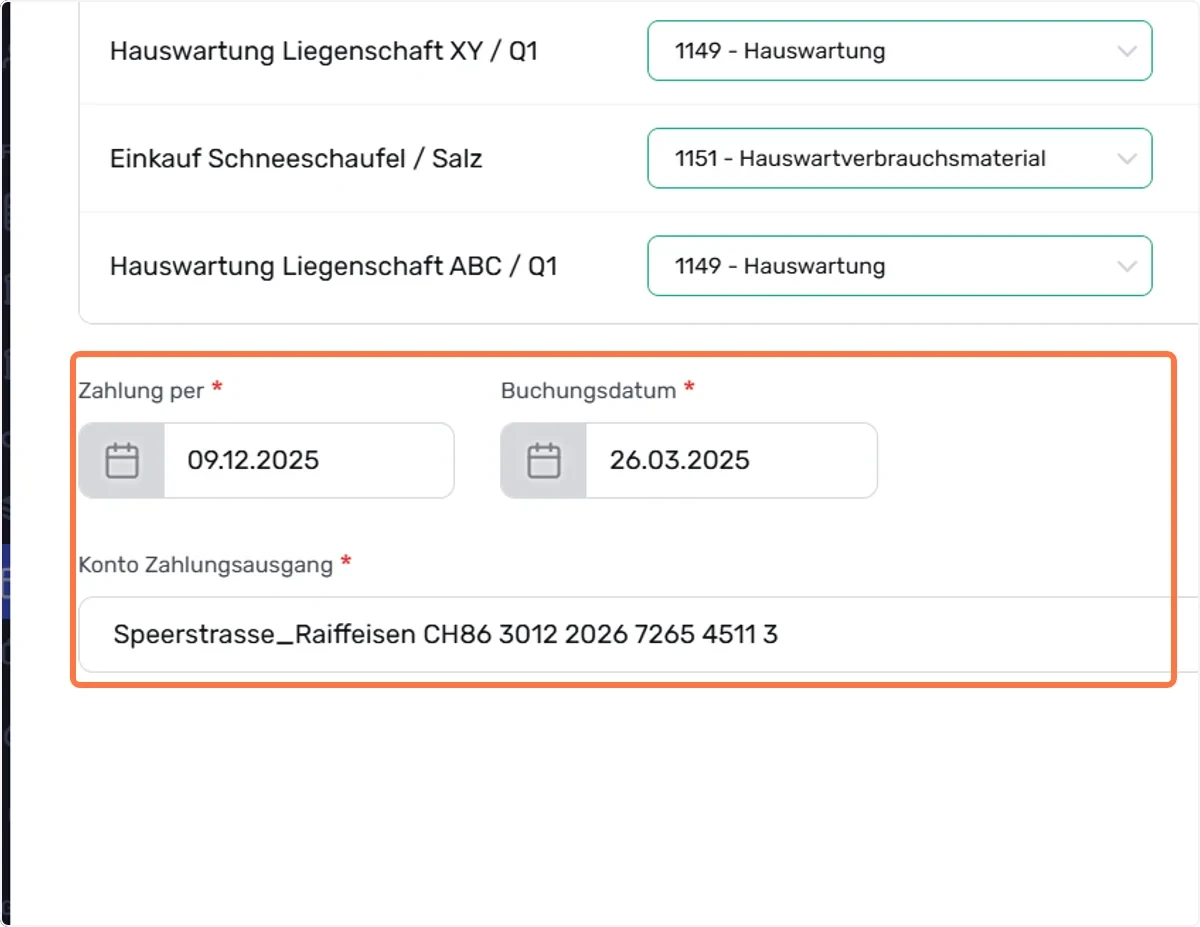Buchungsdatum, Zahlung per und Konto Zahlungsausgang