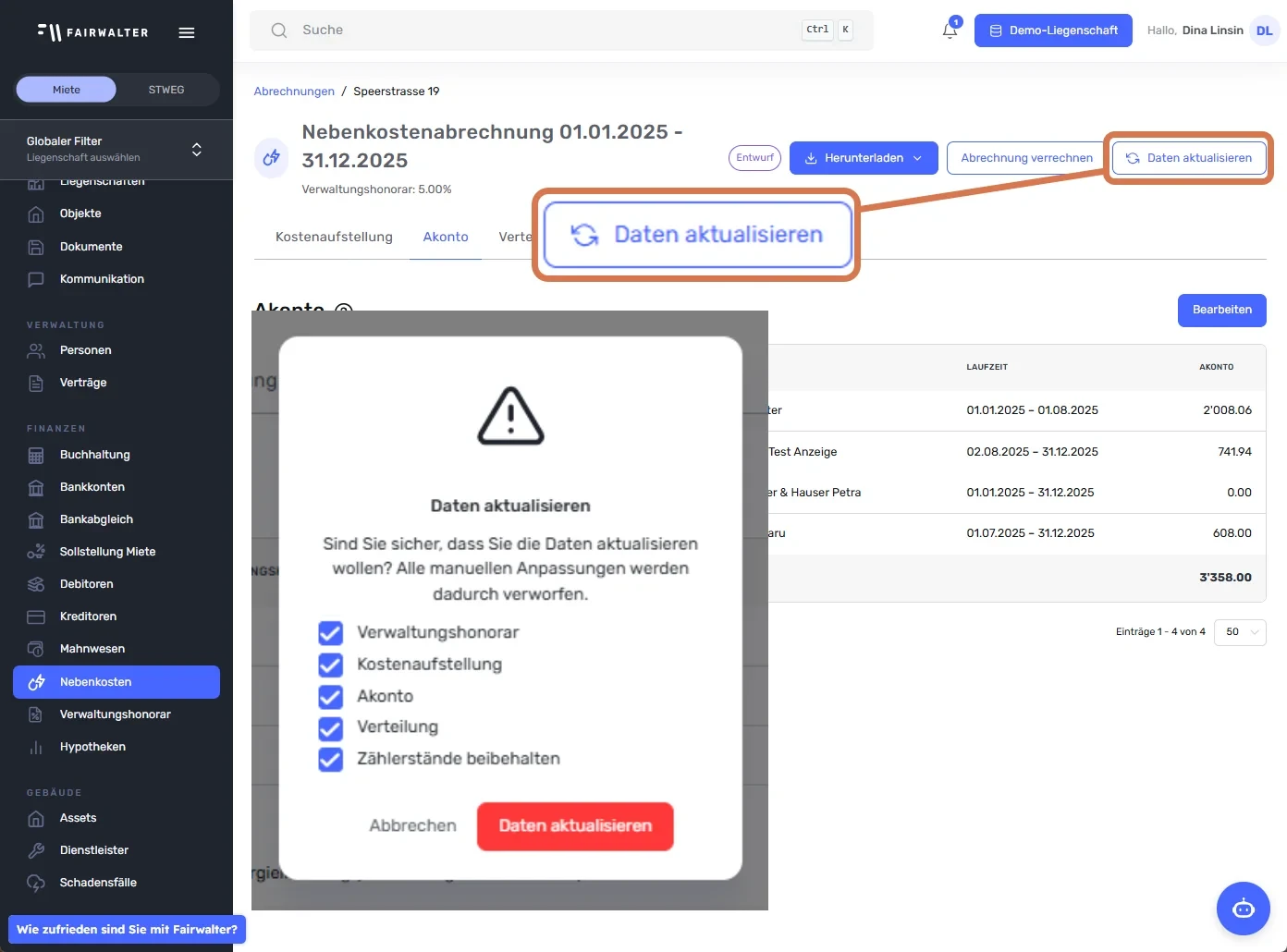 Button «Daten aktualisieren» markiert, Pop-up mit Checkboxen für die neu zu berechnenden Bereiche