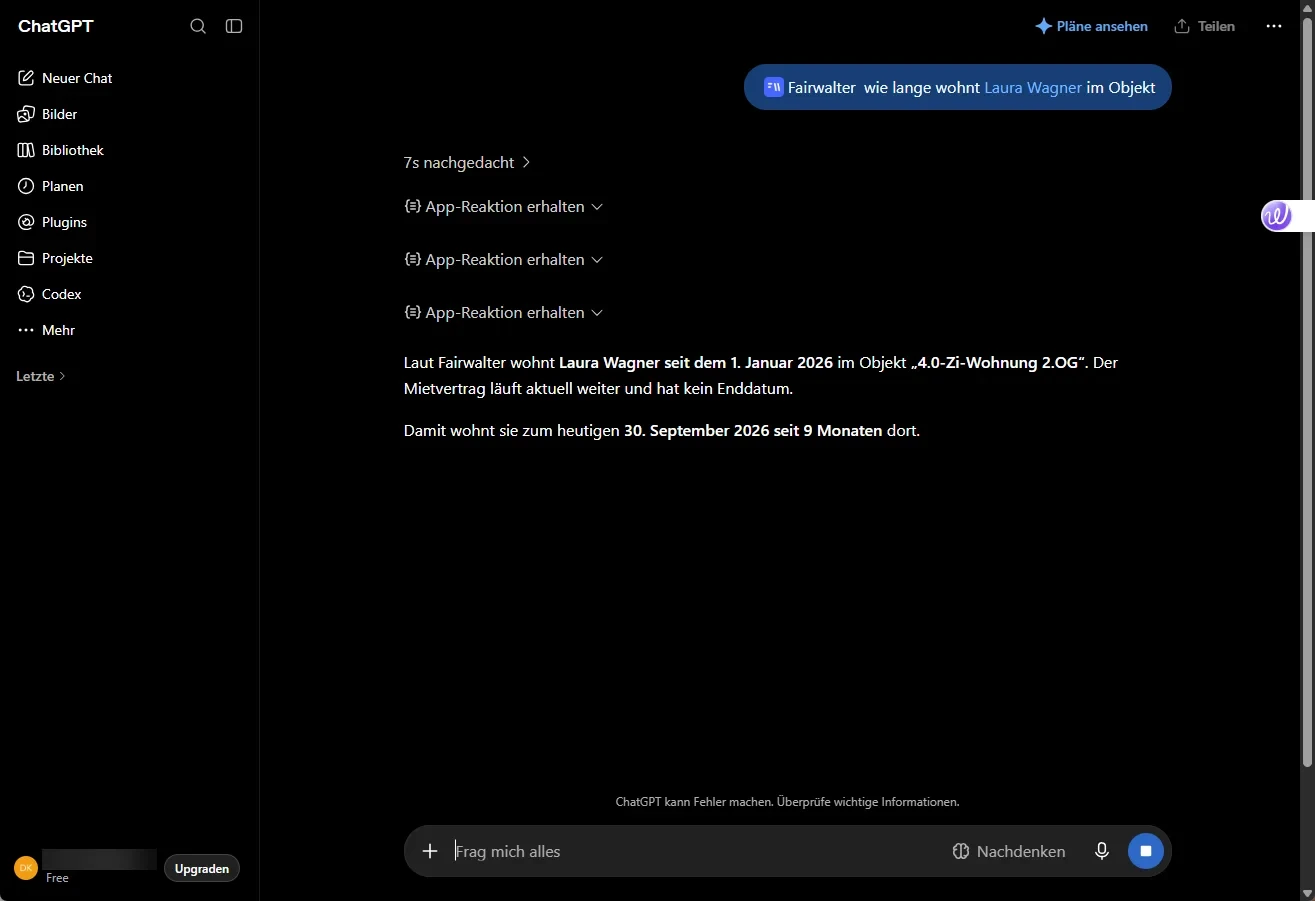 ChatGPT beantwortet über das Fairwalter-Plugin eine Frage zur Mietdauer eines Mieters