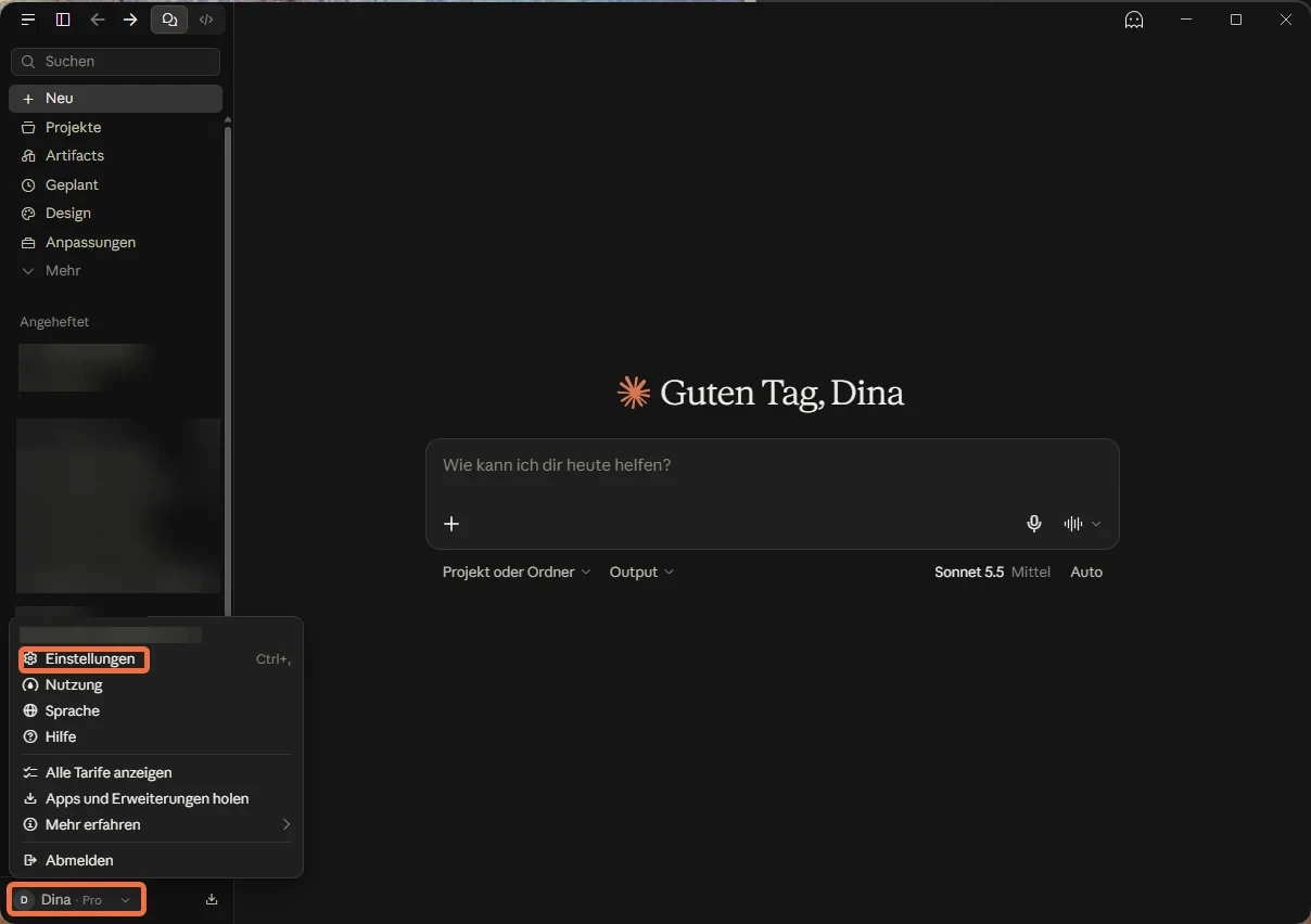 Claude Desktop mit geöffnetem Benutzermenü unten links und markiertem Eintrag «Einstellungen»