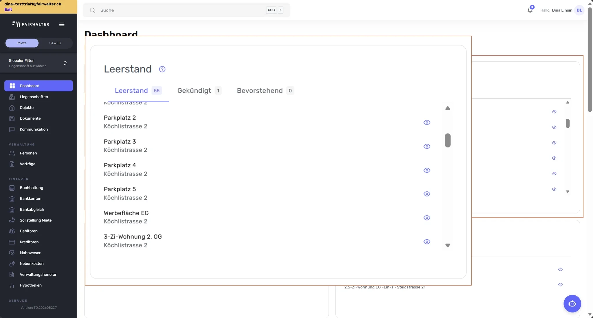 Dashboard-Widget «Leerstand» vergrössert, mit den Reitern «Leerstand», «Gekündigt» und «Bevorstehend»