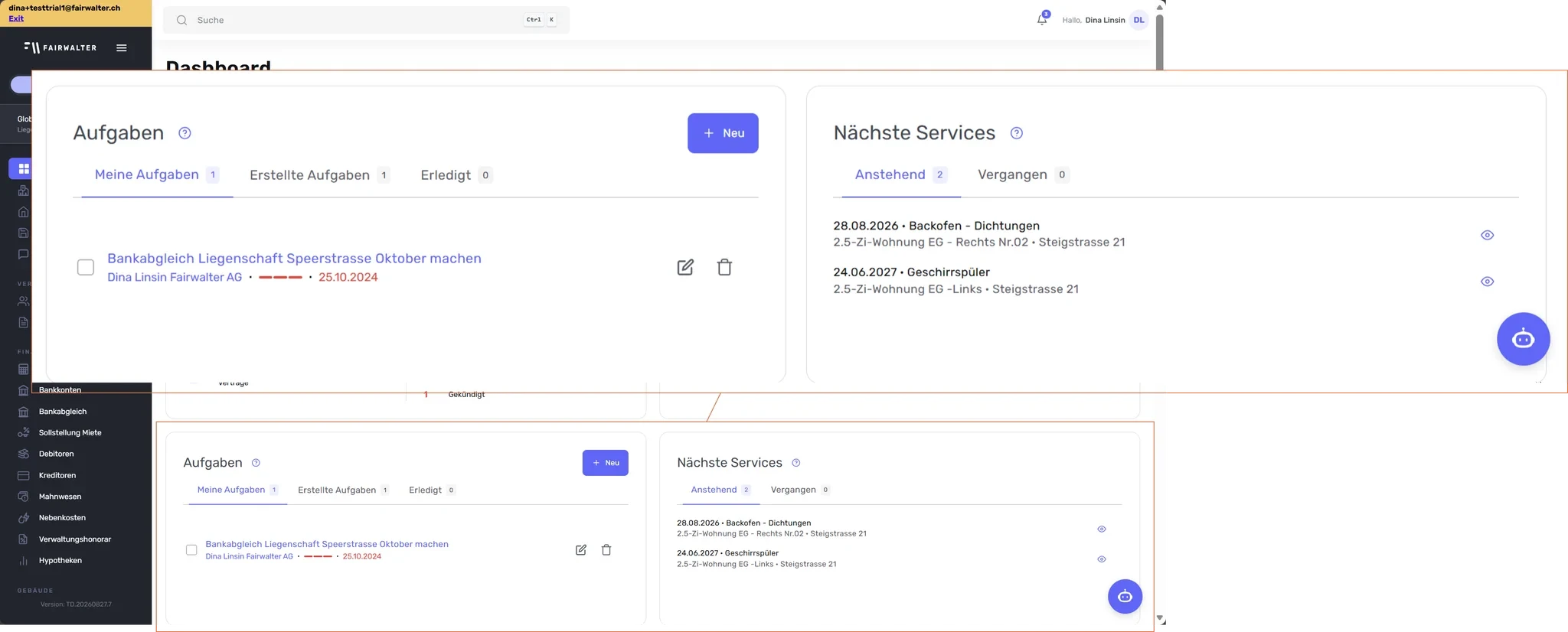 Dashboard-Widgets «Aufgaben» und «Nächste Services» vergrössert hervorgehoben