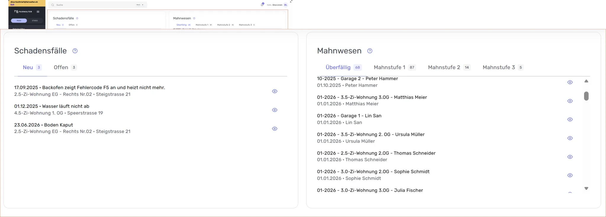 Dashboard-Widgets «Schadensfälle» und «Mahnwesen» mit ihren Reitern und Listen