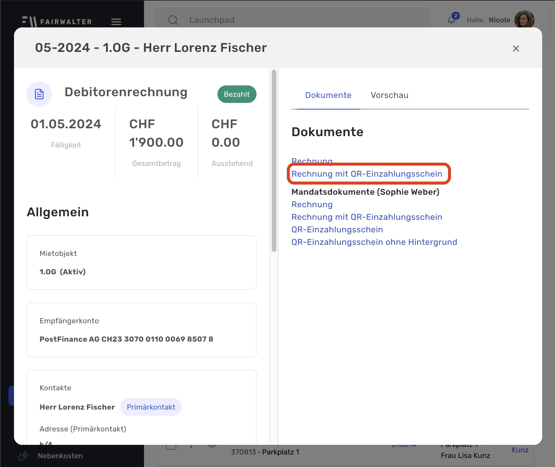 Debitorenrechnung im Tab «Dokumente» mit markiertem Link «Rechnung mit QR-Einzahlungsschein»