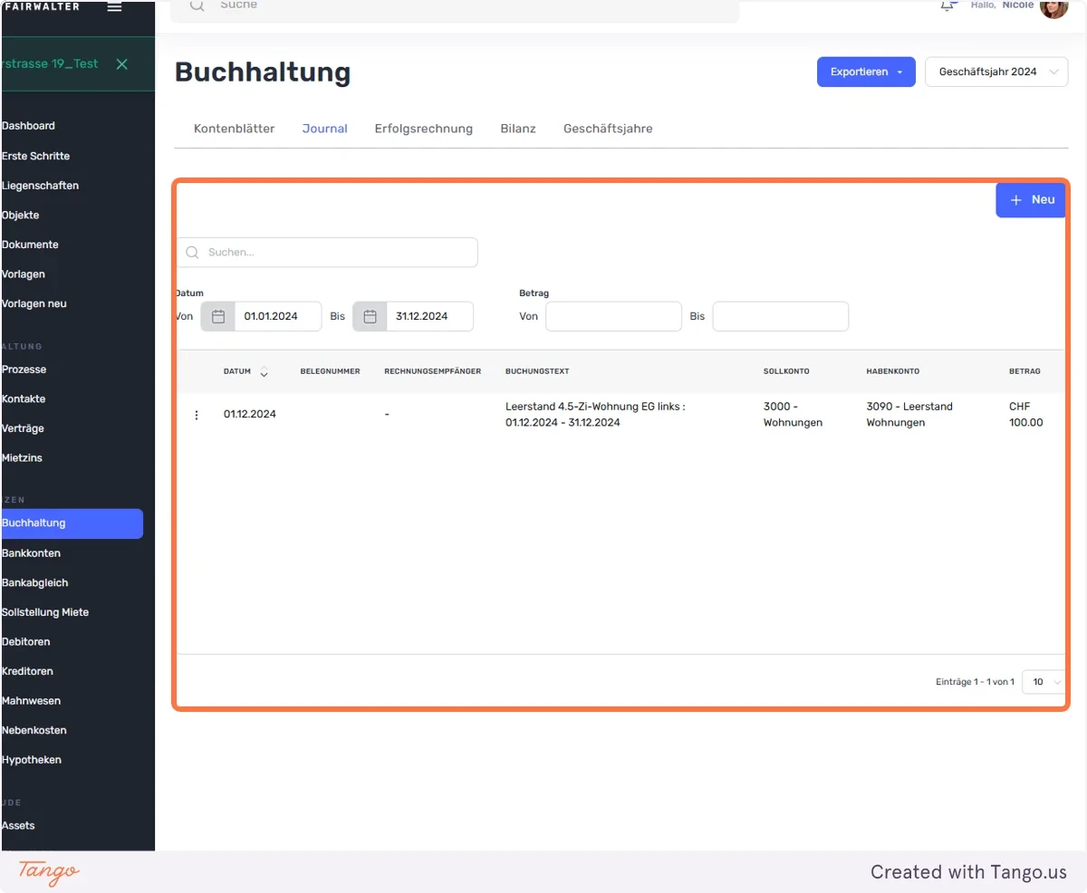 Der festgelegte Betrag wird nun für die Leerstandsbuchungen verwendet