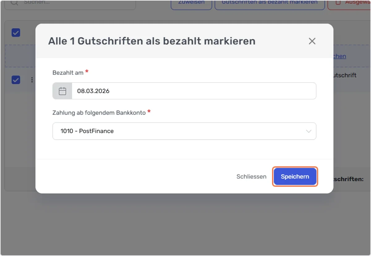 Dialog «Alle 1 Gutschriften als bezahlt markieren» mit markiertem Button «Speichern»