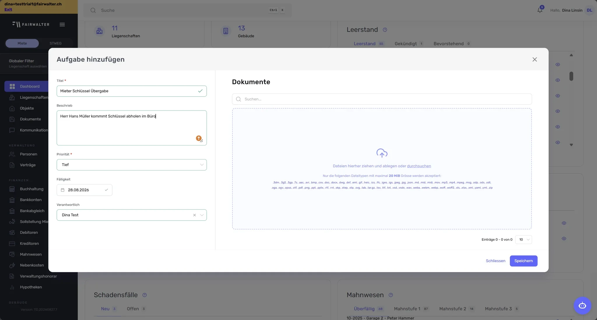Dialog «Aufgabe hinzufügen» auf dem Dashboard mit Titel, Beschrieb, Priorität, Fälligkeit und Dokumenten