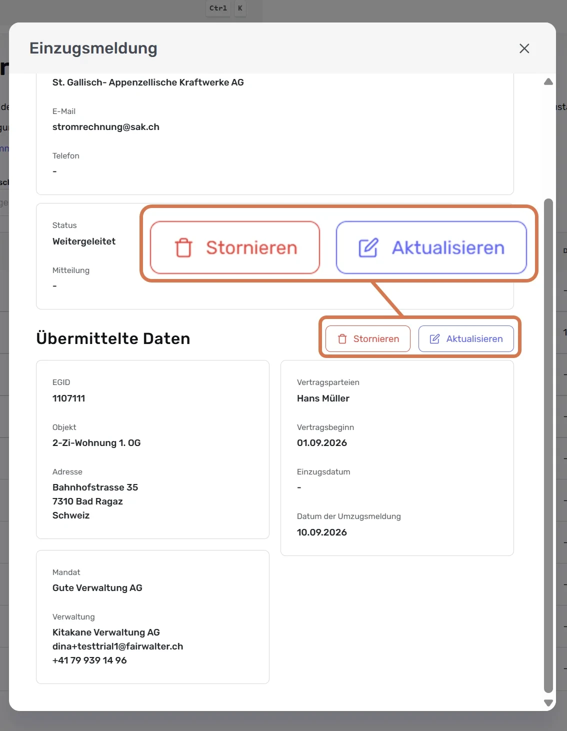 Dialog «Einzugsmeldung» mit markierten Buttons «Stornieren» und «Aktualisieren»
