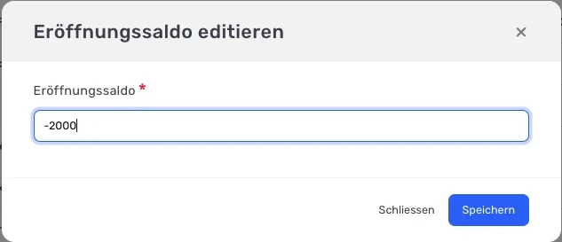 Dialog «Eröffnungssaldo editieren» mit Eingabefeld und Schaltfläche «Speichern»