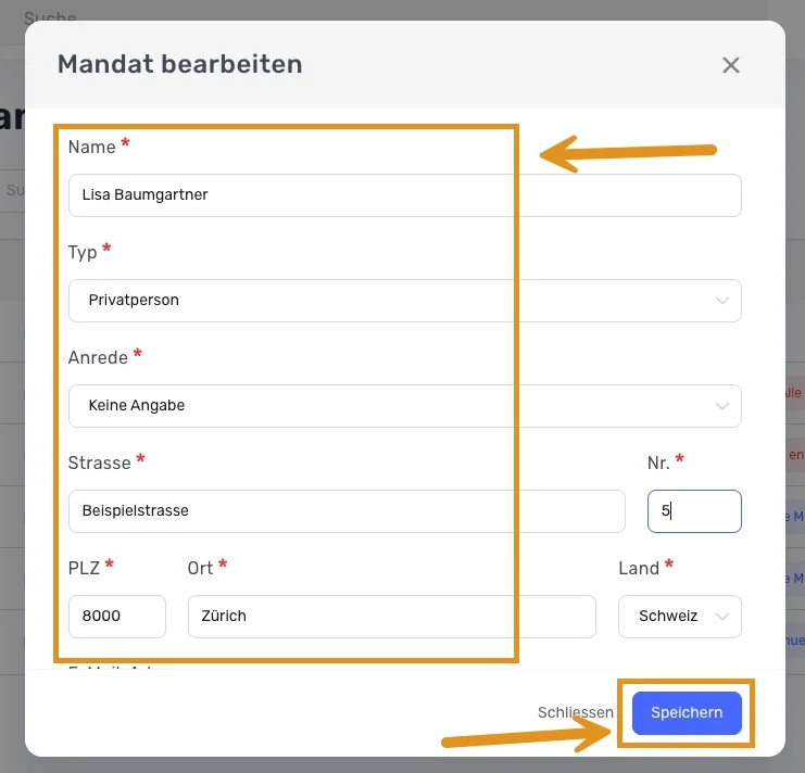 Dialog «Mandat bearbeiten», Felder für Name, Typ, Anrede und Adresse sowie «Speichern» hervorgehoben