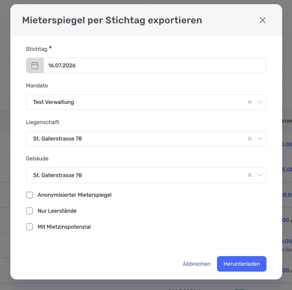 Dialog «Mieterspiegel per Stichtag exportieren» mit Stichtag, Mandat, Liegenschaft, Gebäude und Filteroptionen