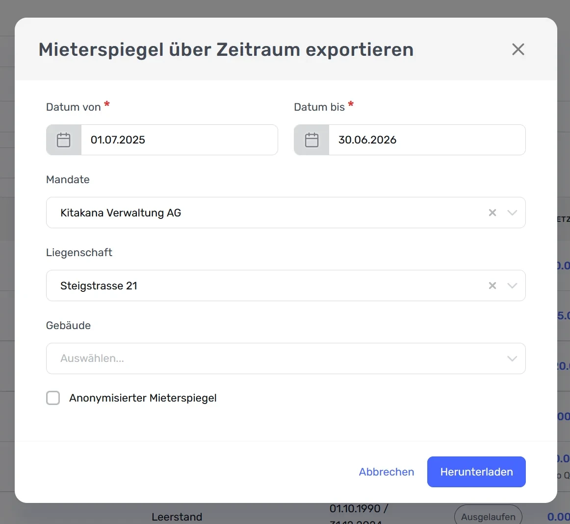Dialog «Mieterspiegel über Zeitraum exportieren» mit «Datum von», «Datum bis», Mandat, Liegenschaft und Gebäude