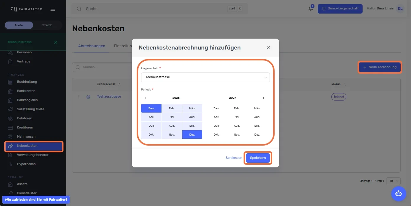 Dialog «Nebenkostenabrechnung hinzufügen» mit Liegenschaft und Periode, «Neue Abrechnung» und «Speichern» markiert