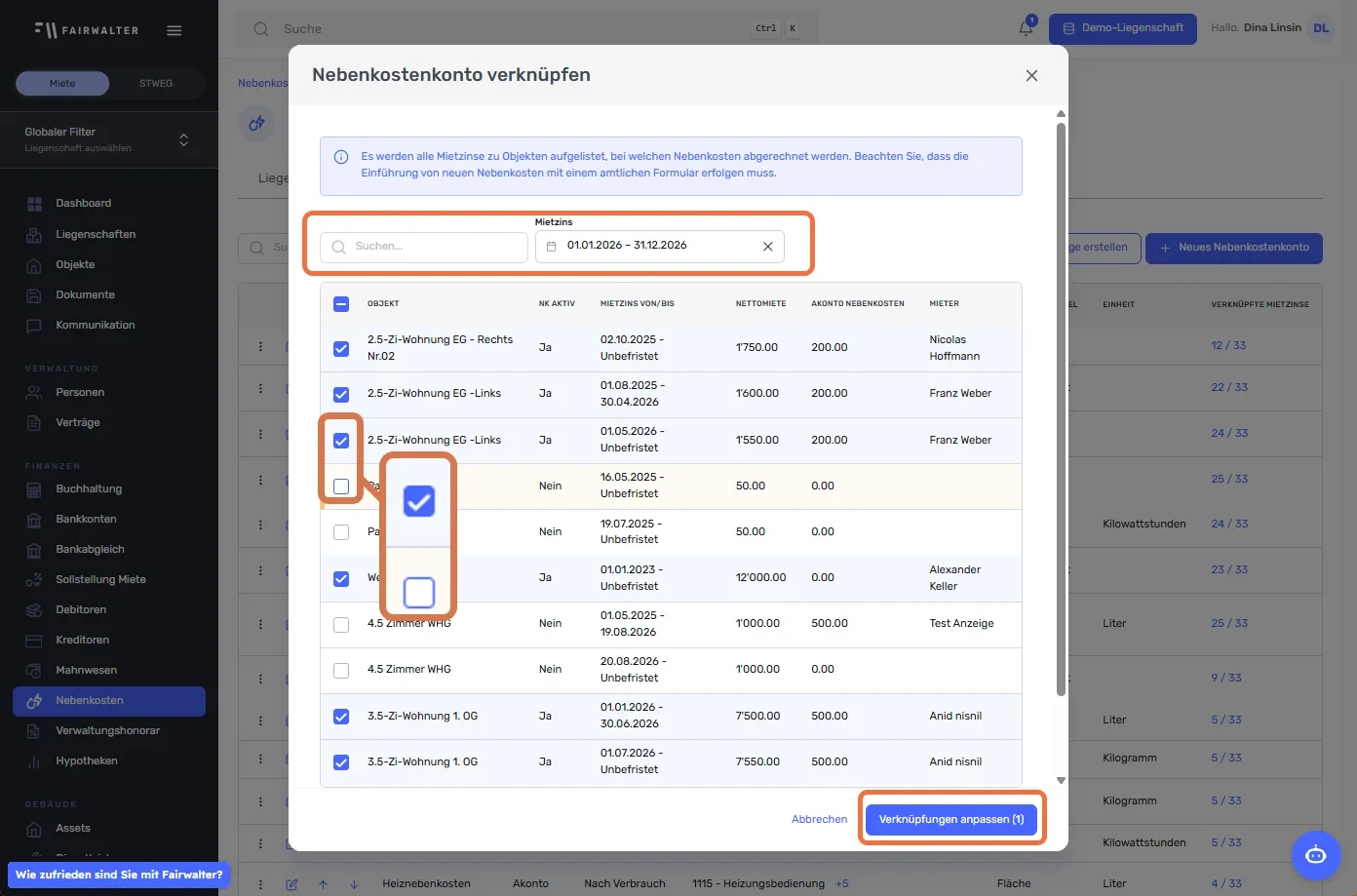 Dialog «Nebenkostenkonto verknüpfen» mit Suche, Checkboxen je Mietzins und «Verknüpfungen anpassen»