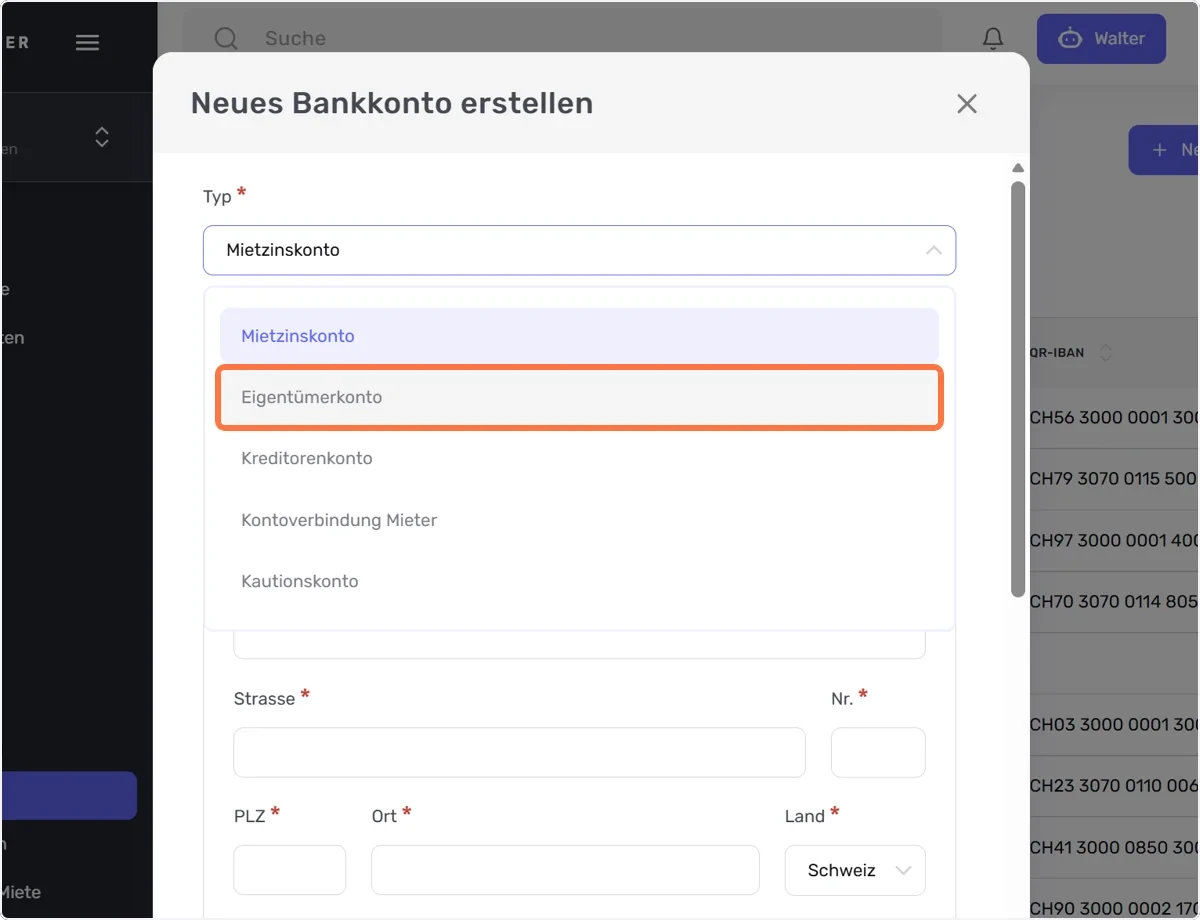 Dialog «Neues Bankkonto erstellen» mit geöffnetem Feld «Typ» und markierter Option «Eigentümerkonto»